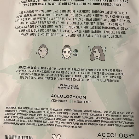 ACEOLOGY' HYALURONIC ACID INTENSIVE REPAIRING BIODEGRADABLE MASKS | Set of 2 NEW - Picture 6 of 6